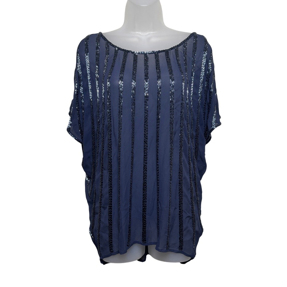 Joie Blue Silk Beaded Sheer Sequin Striped Scoop Neck Top‎ Blouse Womens Large